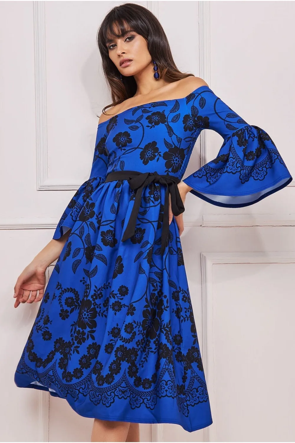 Goddiva abito midi blu royal floreale off shoulder