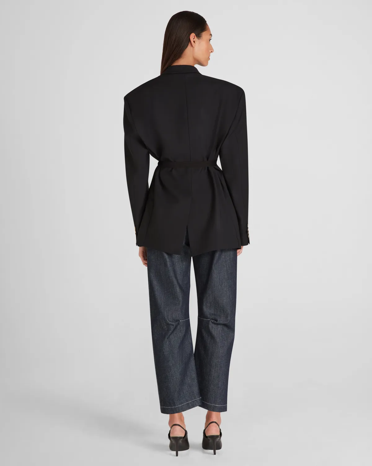 Violante Nessi George blazer nero crepe lana cintura oro