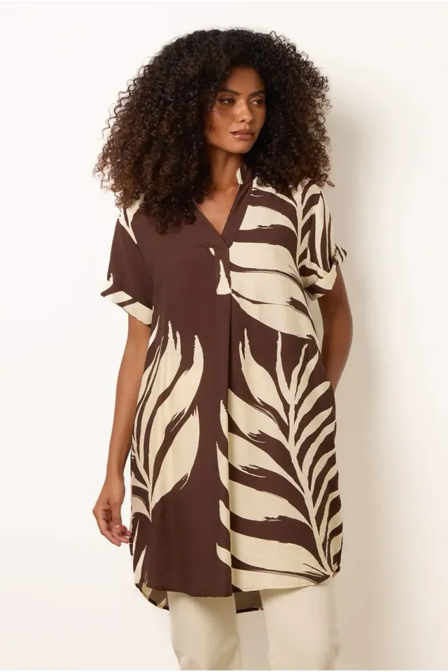 Blue Vanilla Palm Print tunica cioccolato manica corta S-L
