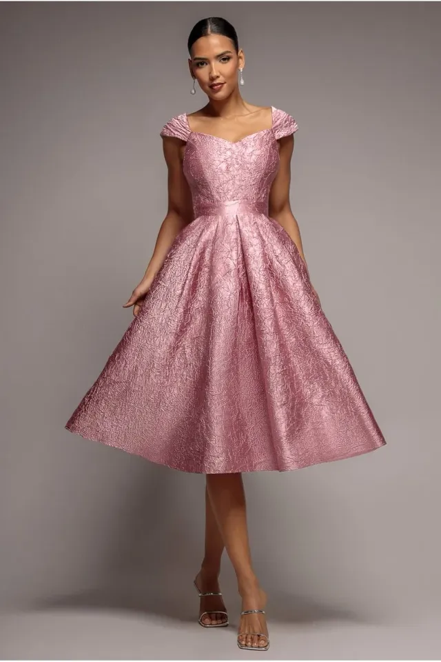 Goddiva Abito Midi Raso Rosa Cipria Scollo a Cuore
