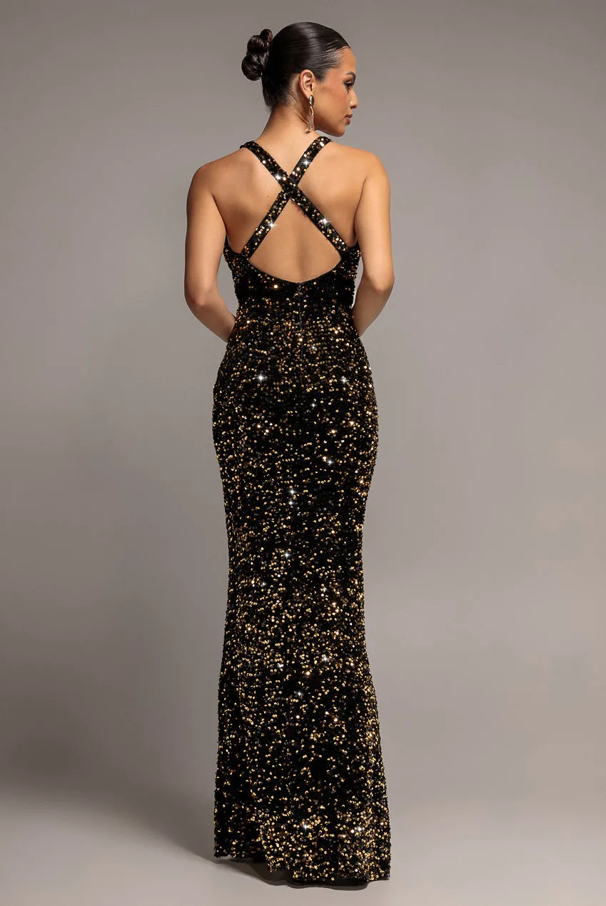 Goddiva Maxi Abito Oro Velluto Paillettes Scollo V