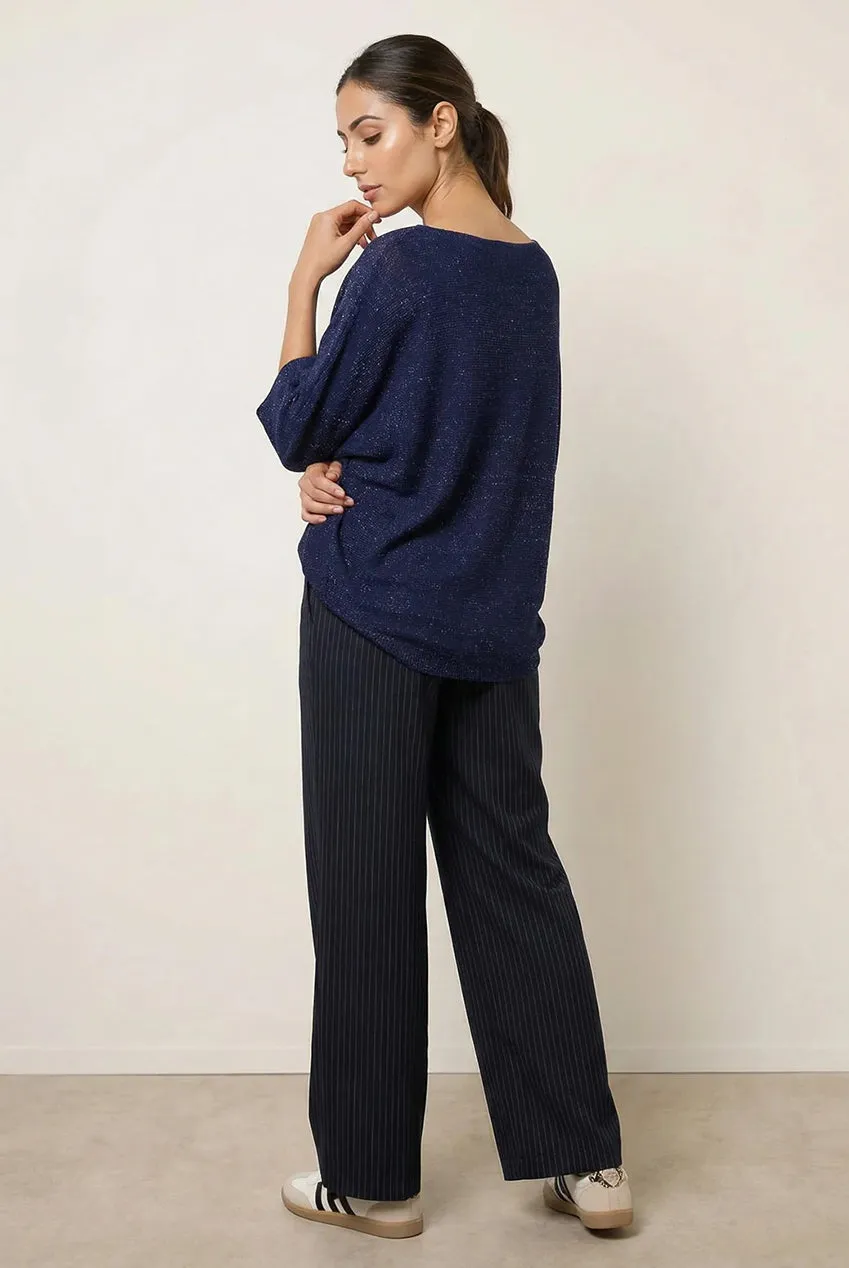 Blue Vanilla Ripple maglia navy scollo V metallizzata