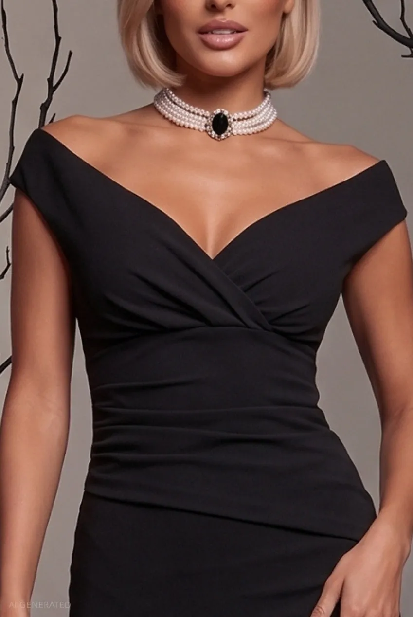 Goddiva Revenge abito midi nero scollo bardot