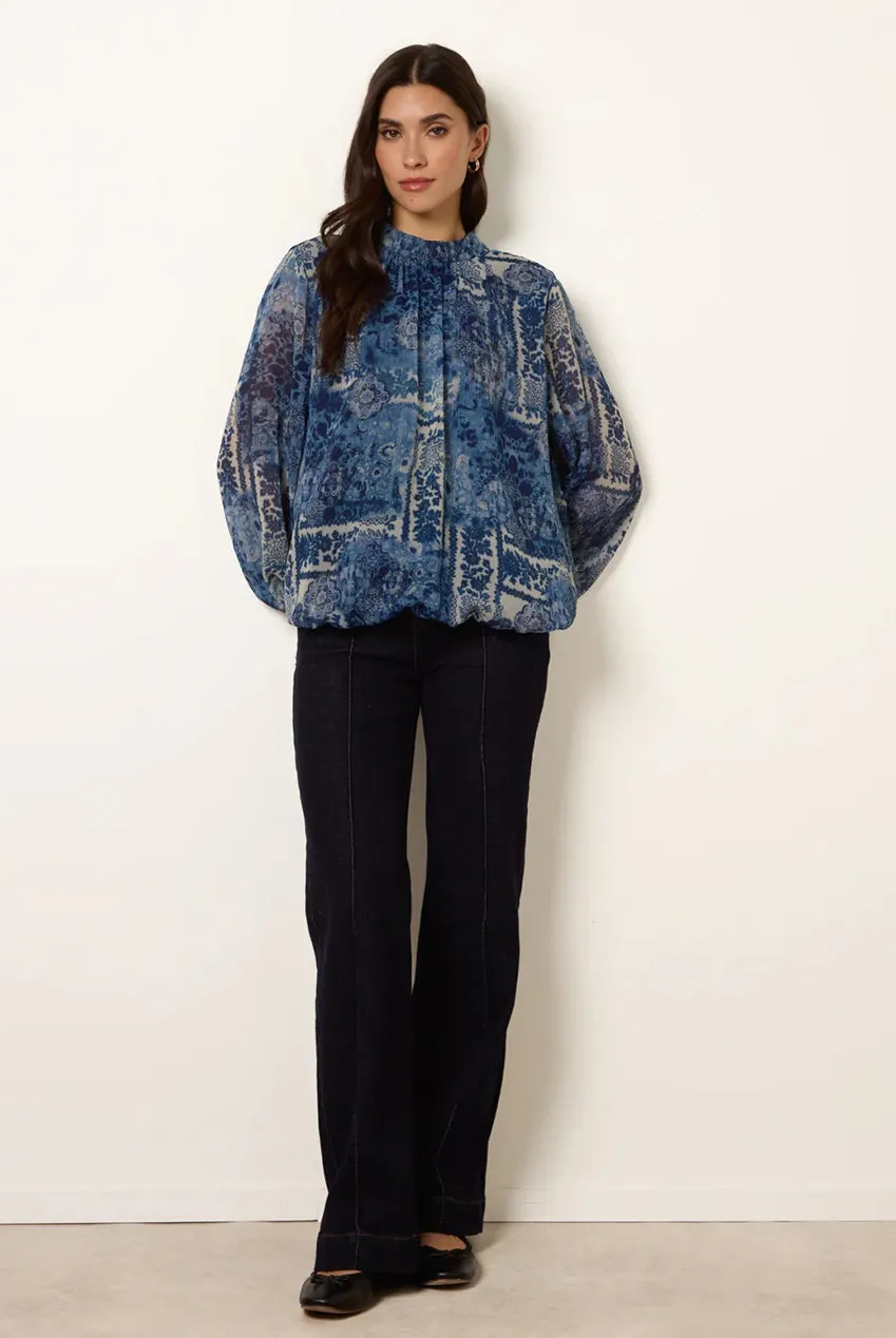 Blue Vanilla top navy paisley collo alto manica lunga