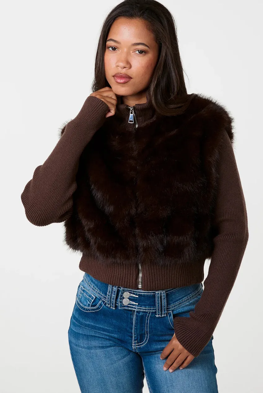 Pink Vanilla Faux Fur Panel Giacca Zip Cioccolato