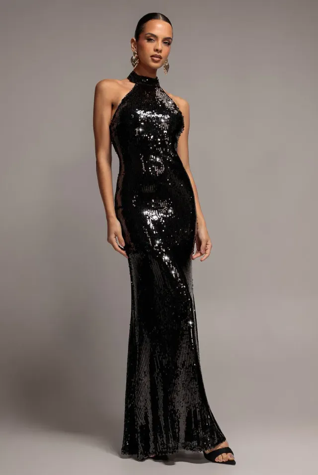 Goddiva Sequin Open Back abito maxi nero halter paillettes