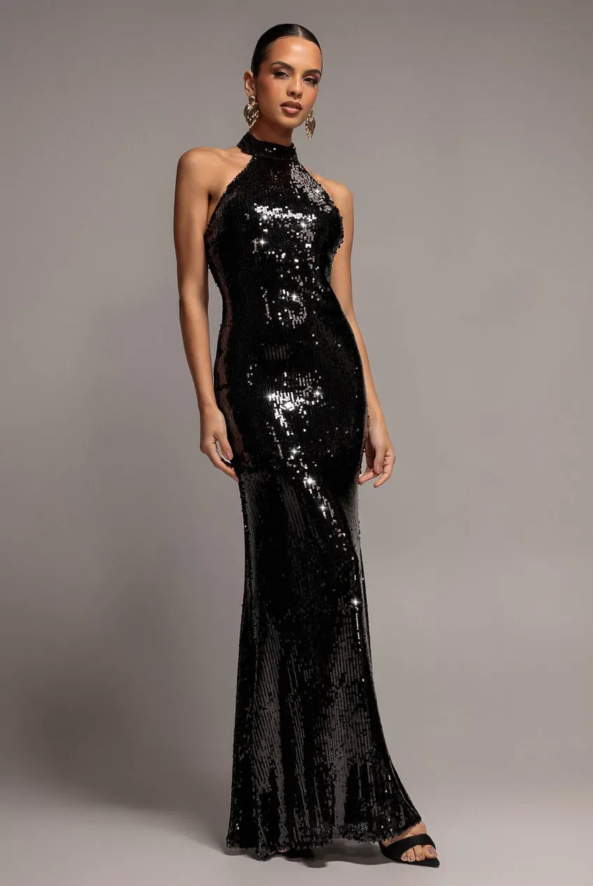 Goddiva Sequin Open Back abito maxi nero halter paillettes