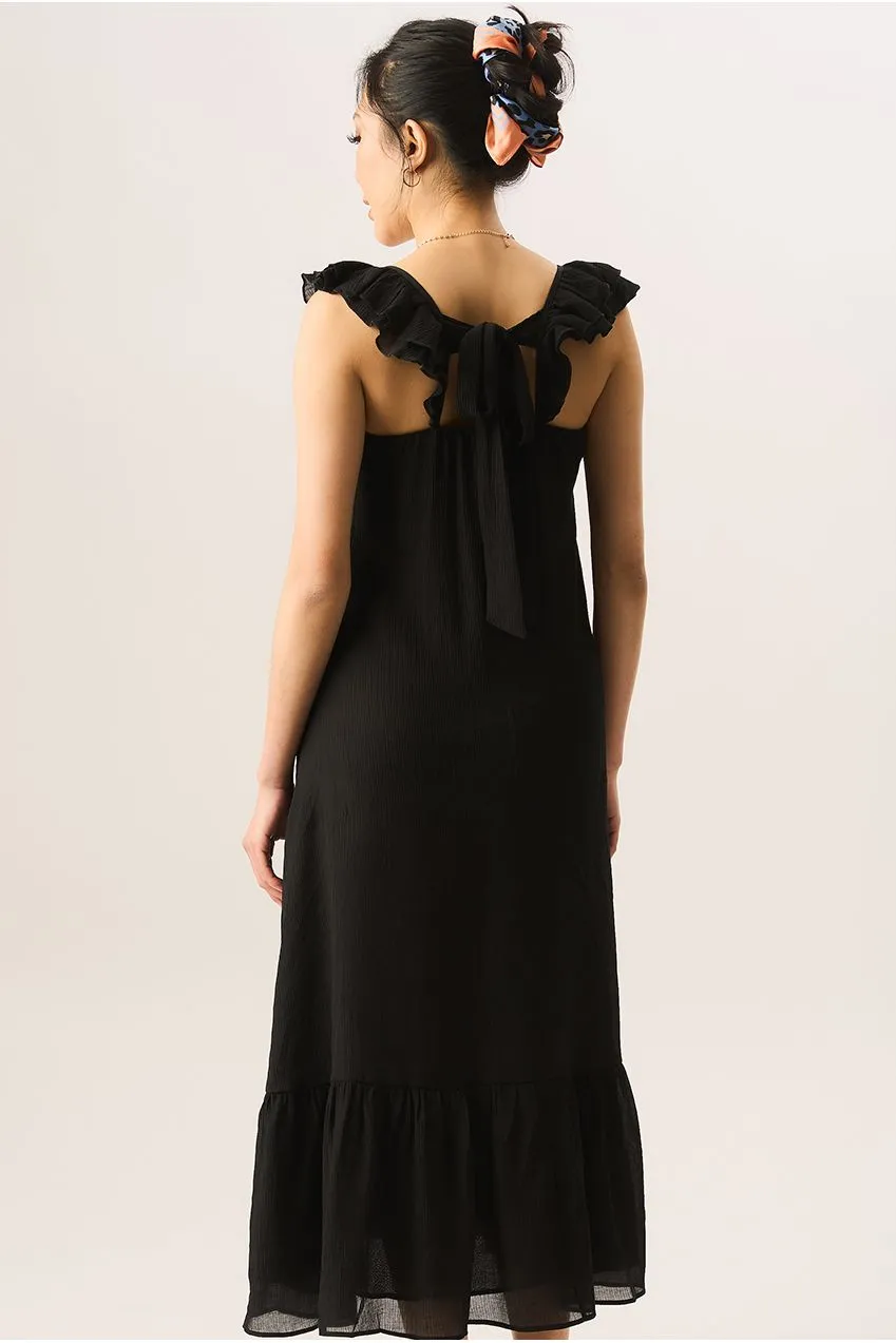 Gini London Ruffle abito lungo nero viscosa maniche corte