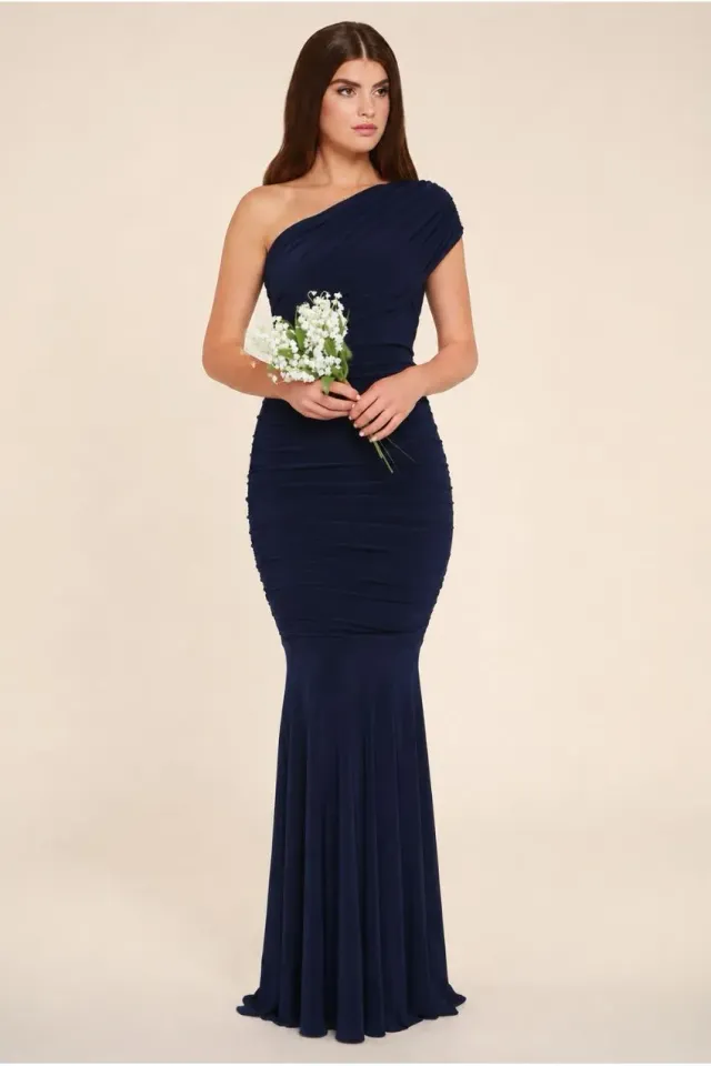 Honor Gold Alice One Shoulder abito maxi navy elasticizzato