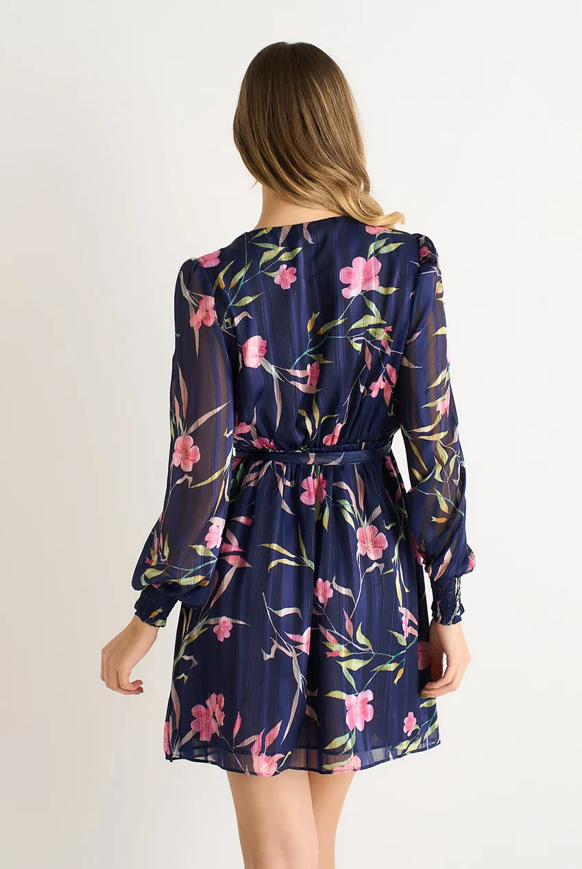 Gini London Abito Mini Wrap Navy Floreale Chiffon