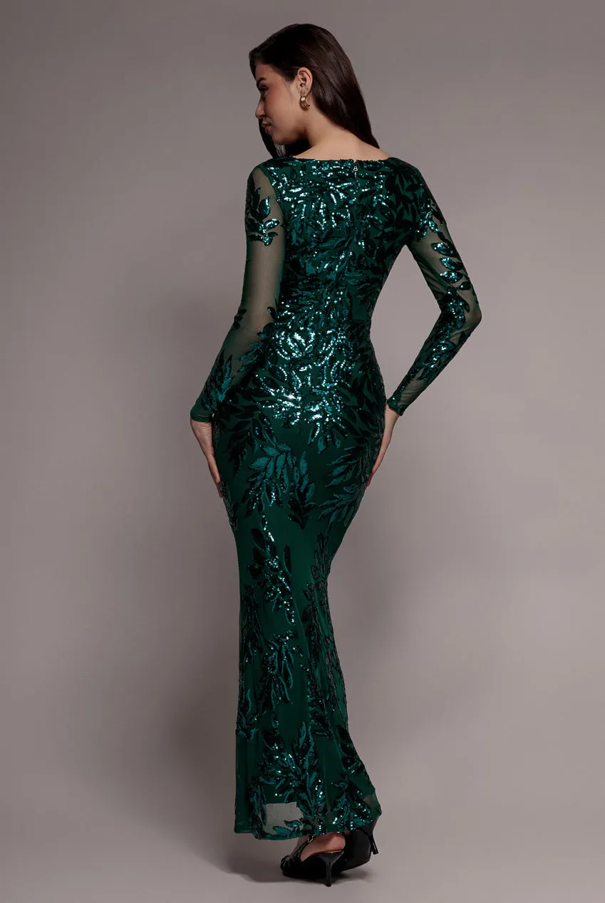 Goddiva Sequin Leaf Abito Maxi Smeraldo Taglia 10 paillettes