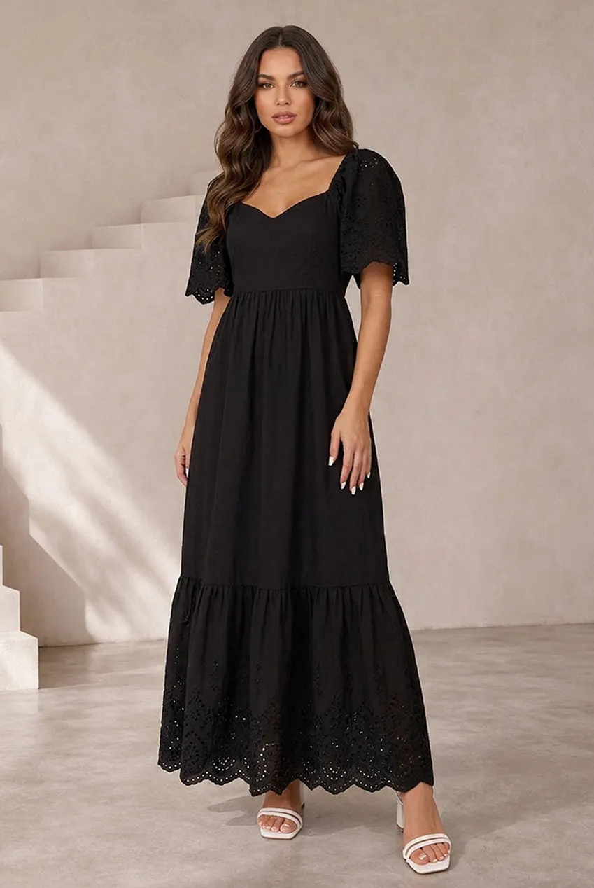 Chi Chi London abito maxi nero 10 cotone sangallo