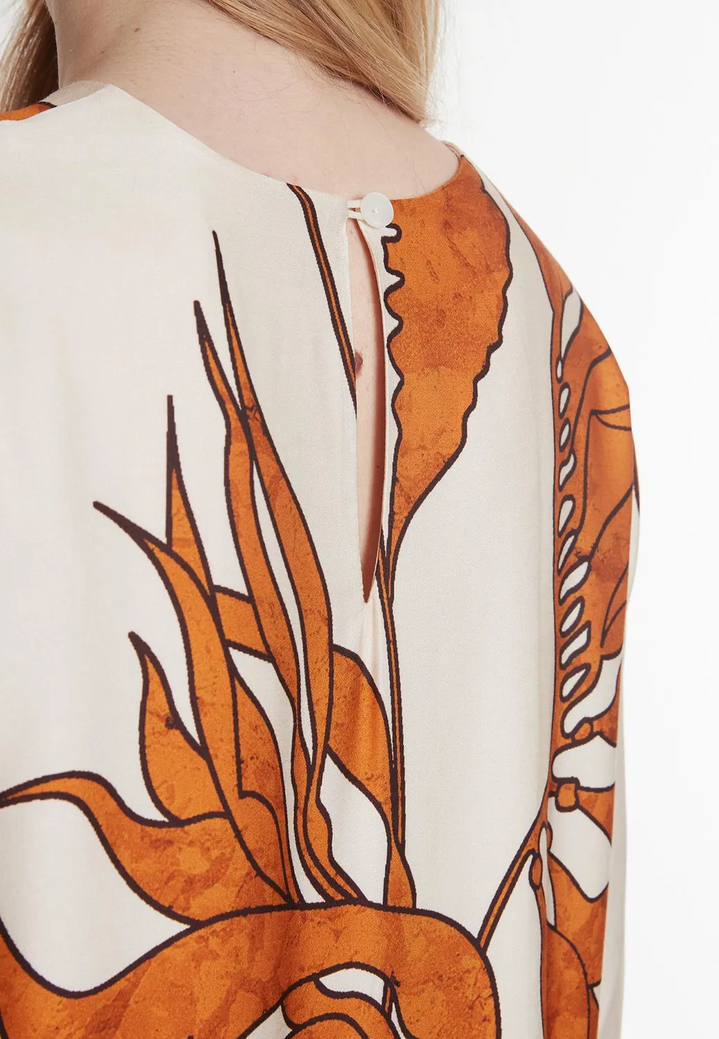 Ana Alcazar Palosa abito tunica beige raso stampa marrone