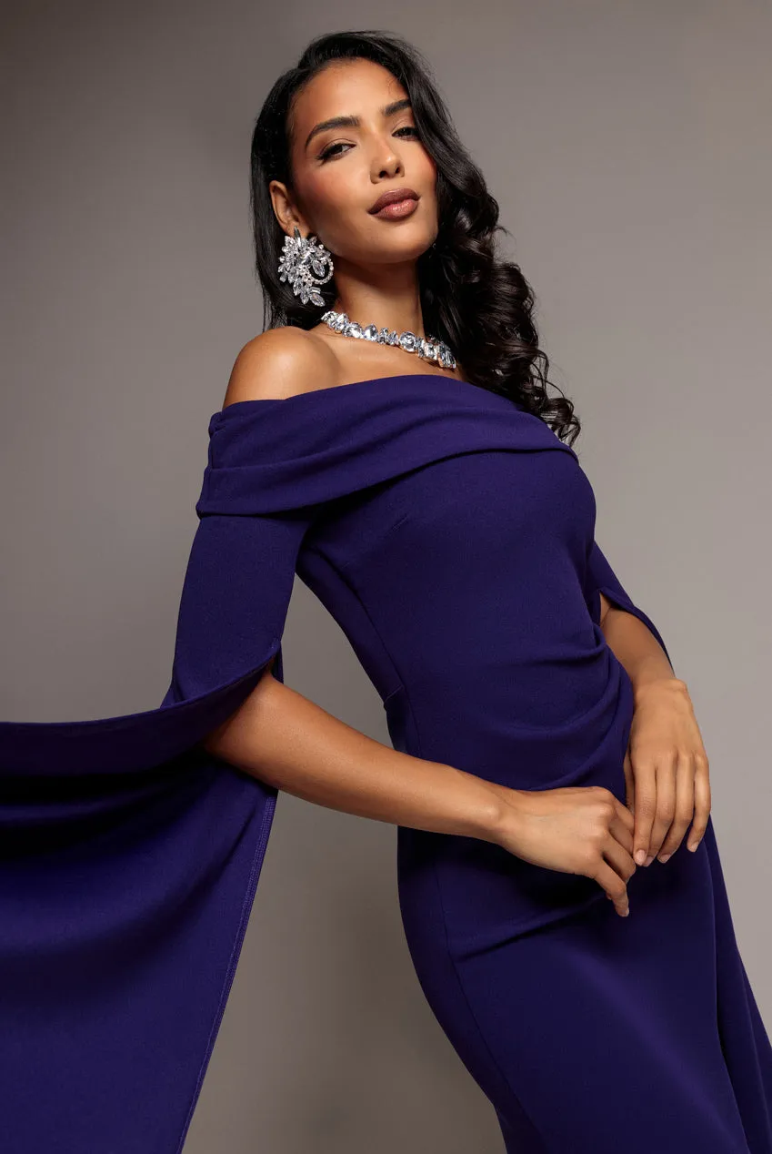 Goddiva Abito Maxi Bardot Viola Scuro con Mantella Sirena Scuba