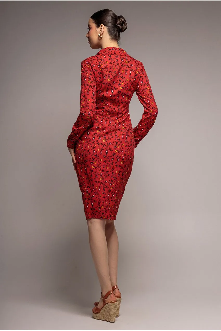 Goddiva Floral Print Abito Camicia Rosso Midi Floreale