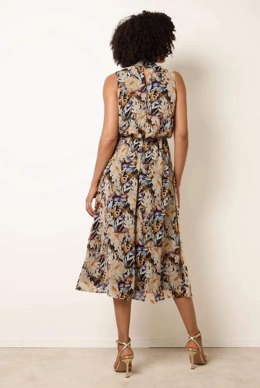 Blue Vanilla Abito Midi Nero Floreale Collo Alto