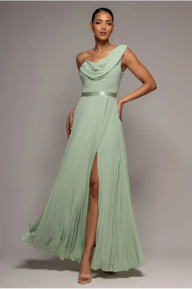 Goddiva One Shoulder A Line abito maxi verde salvia chiffon