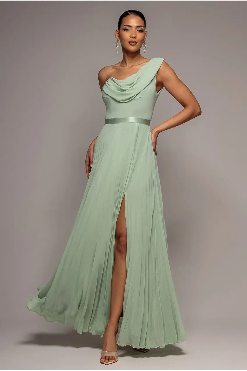 Goddiva One Shoulder A Line abito maxi verde salvia chiffon