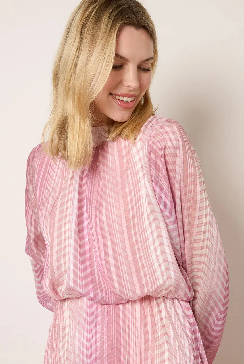 Blue Vanilla abito plissettato rosa zig-zag collo alto S