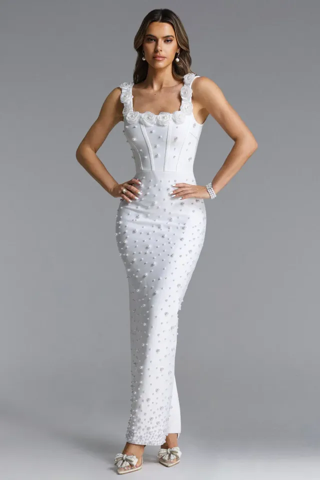 Bella Barnett Shea abito maxi bianco S perle scollo quadro