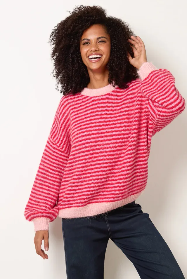 Blue Vanilla Maglione Righe Rosa girocollo lana onesize