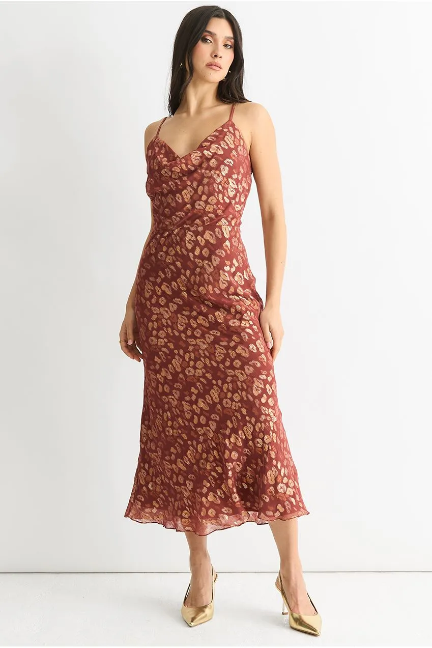 Gini London abito midi marrone scollo scialle animalier