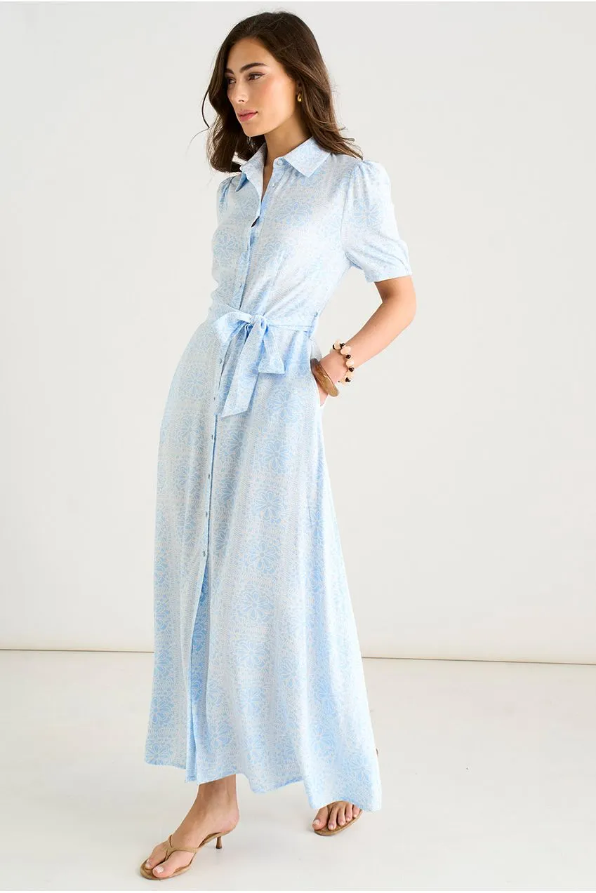 Gini London Blue Tile Print abito camicia lungo blu cotone