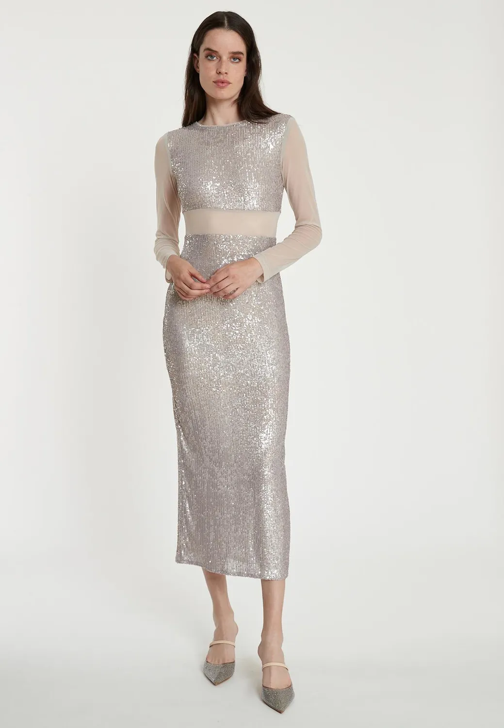 Ana Alcazar Tafia abito midi paillettes argento