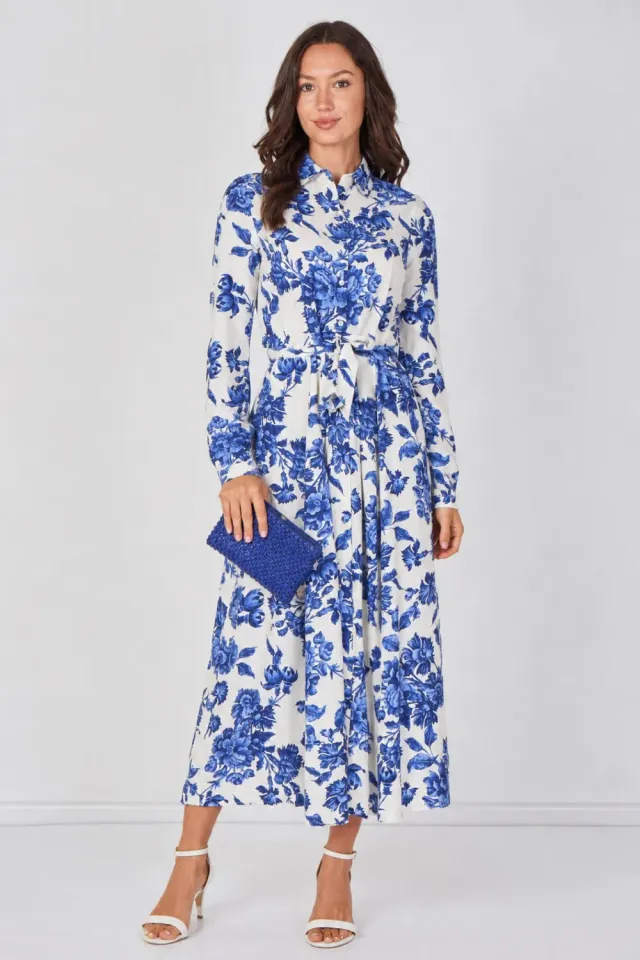 Love Sunshine Porcelain abito camicia maxi blu cintura