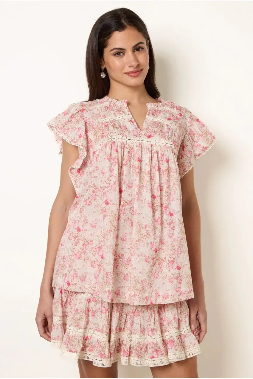 Blue Vanilla Ditsy top cotone rosa manica con volant