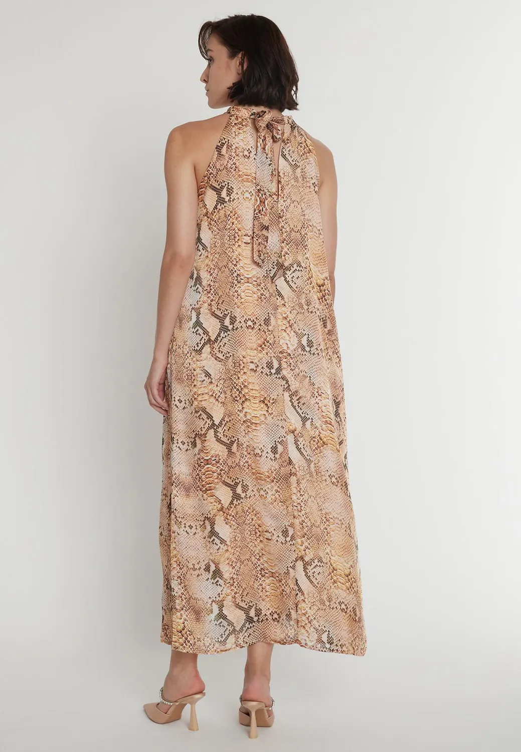 Ana Alcazar Pakyna abito lungo chiffon pitonato scollo halter