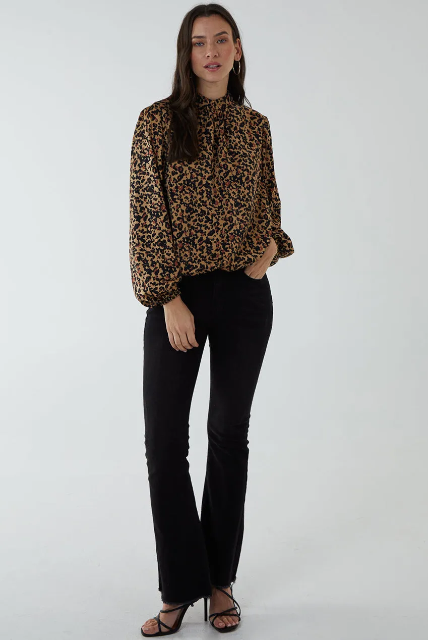 Blue Vanilla top marrone leopardato satin collo alto