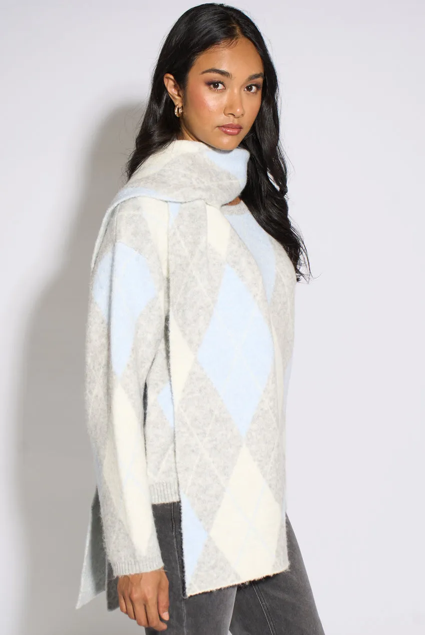 Gini London Multi Argyle maglione con sciarpa Multi M/L morbido