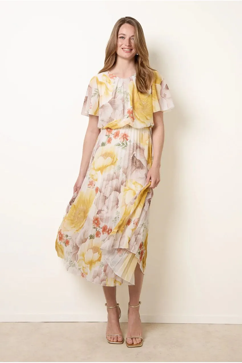 Blue Vanilla Floral abito midi limone manica corta plissettato