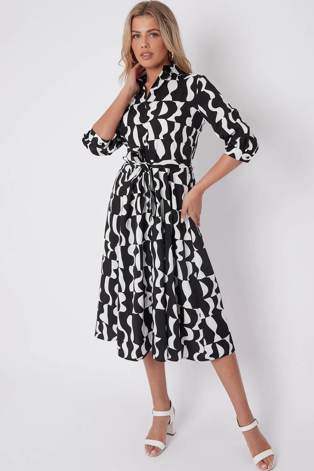 Love Sunshine Mono abito camicia midi nero geometrico