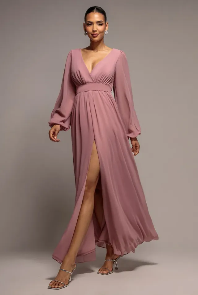 Goddiva Wrap Back abito maxi chiffon lilla manica lunga
