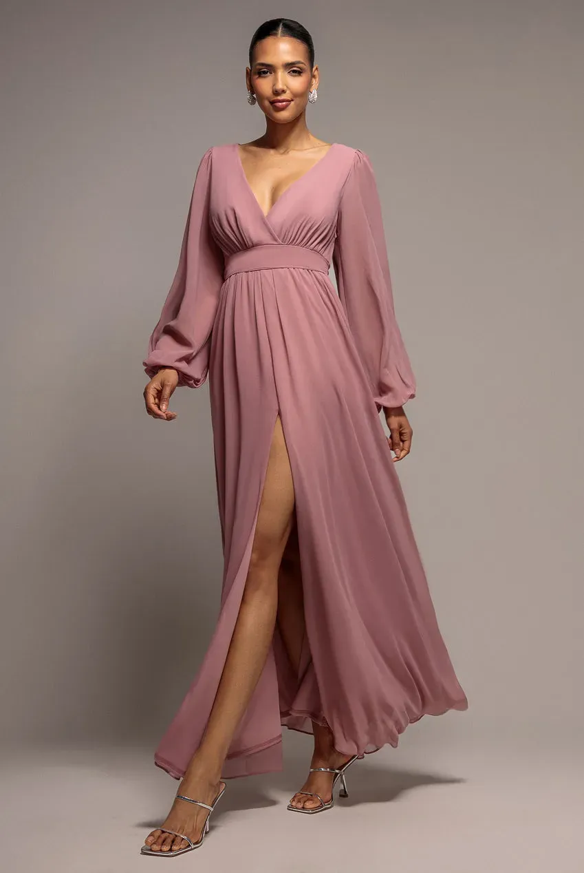 Goddiva Wrap Back abito maxi chiffon lilla manica lunga