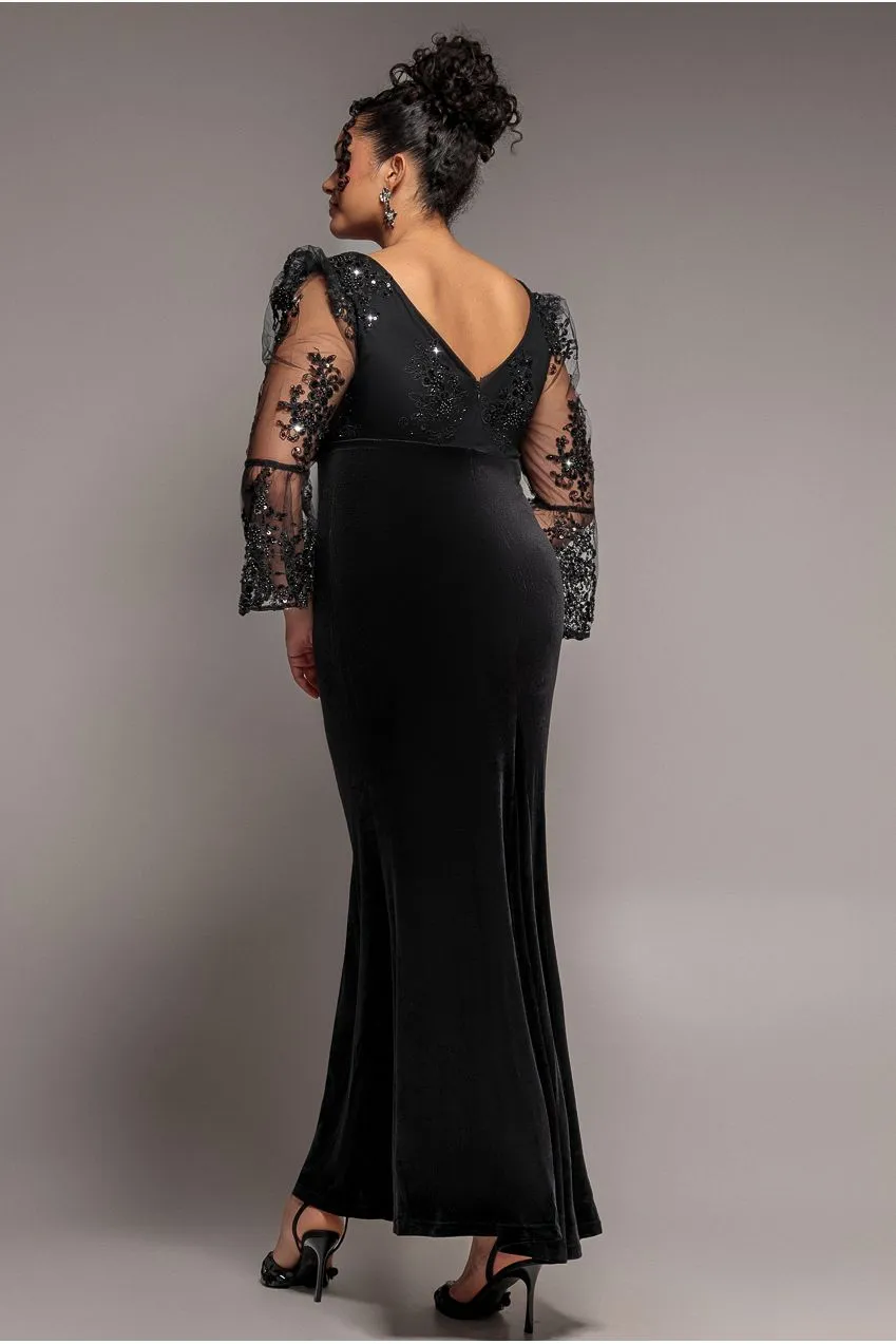 Goddiva Plus Scalloped Lace Velvet abito maxi nero pizzo curvy