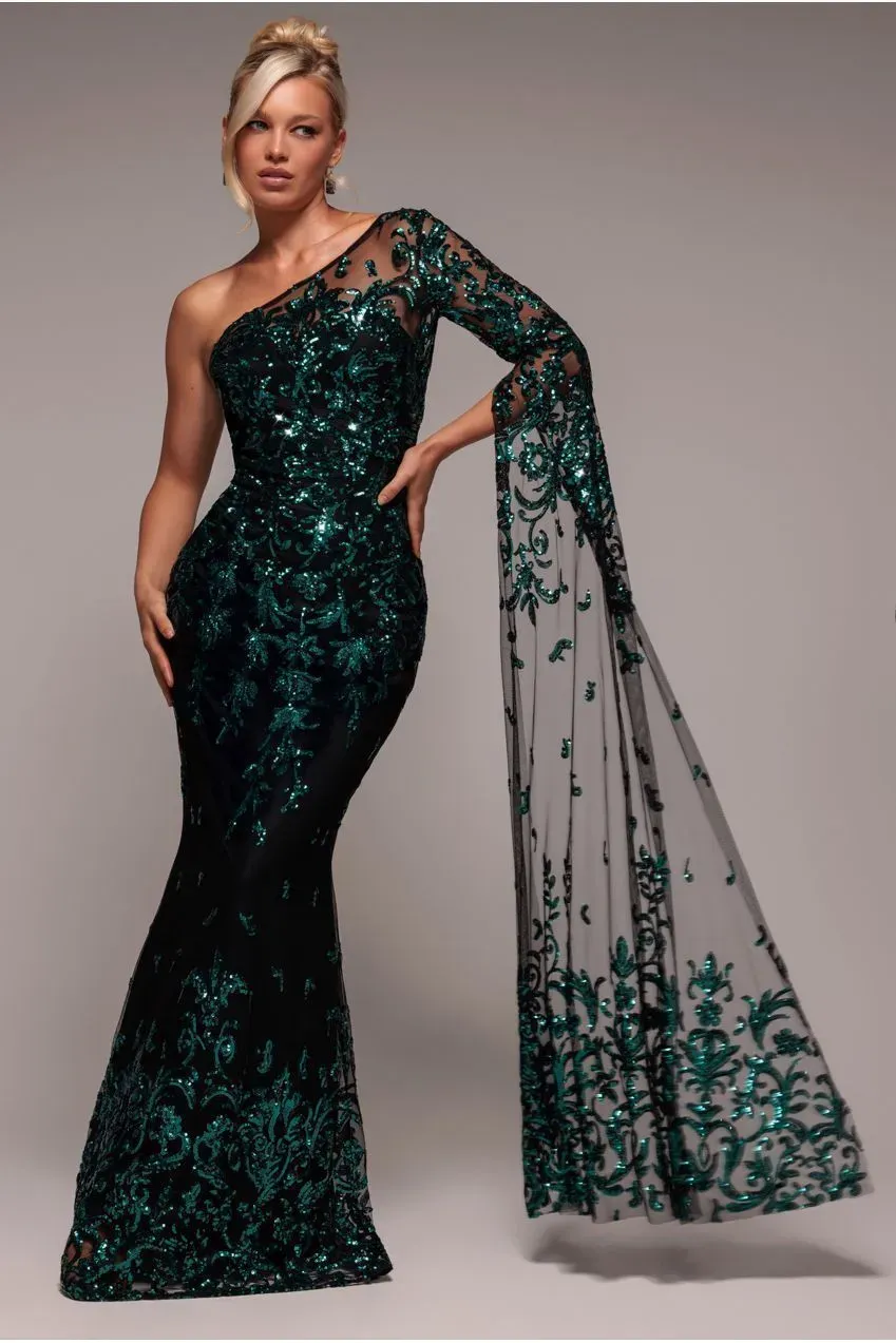 Goddiva abito monospalla paillettes verde smeraldo lungo