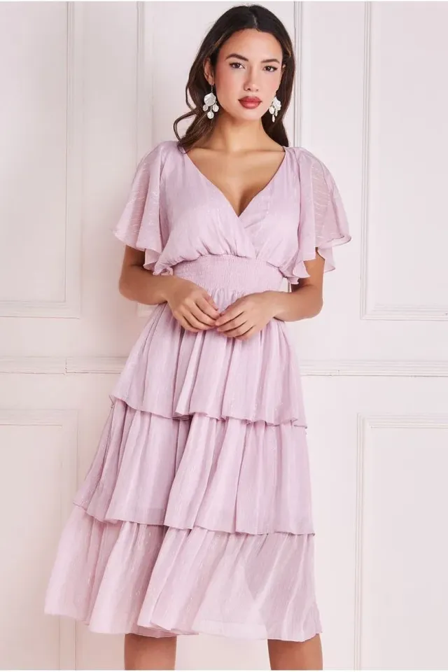 Goddiva Abito Chiffon Rosa Lurex a Balze Midi