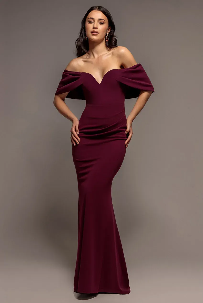 Goddiva Draped Sleeve abito maxi prugna spalle scoperte