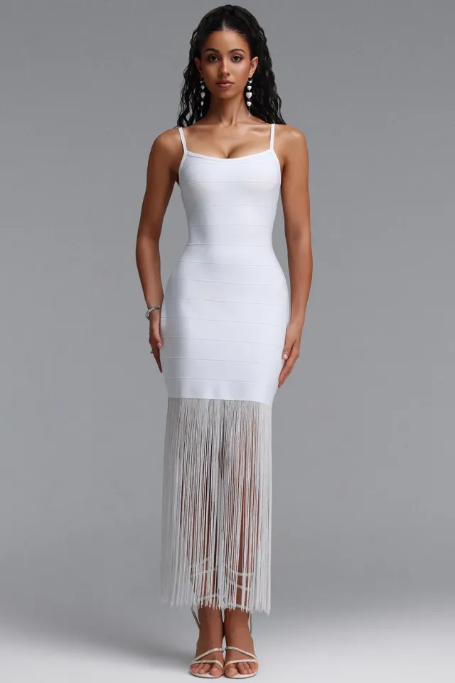 Bella Barnett Demere Chic Contour Fringe Abito Maxi Bianco