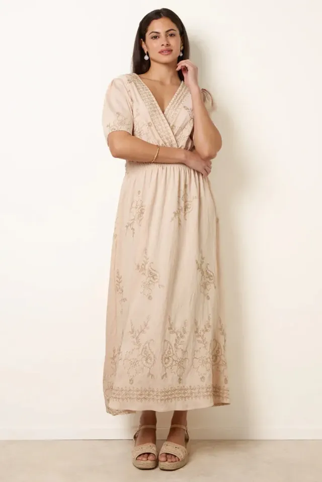 Goddiva Blue Vanilla Abito Maxi Stone ricamo metallizzato