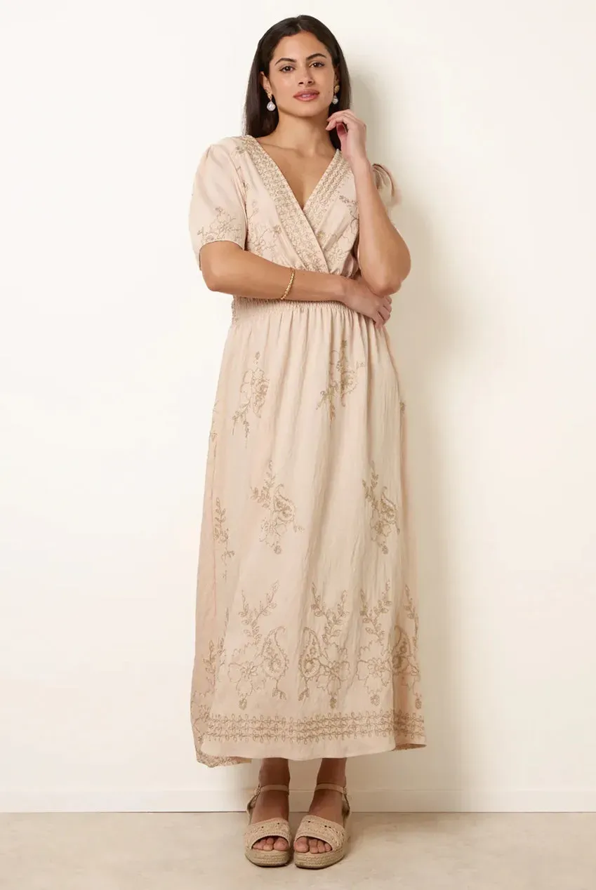 Goddiva Blue Vanilla Abito Maxi Stone ricamo metallizzato