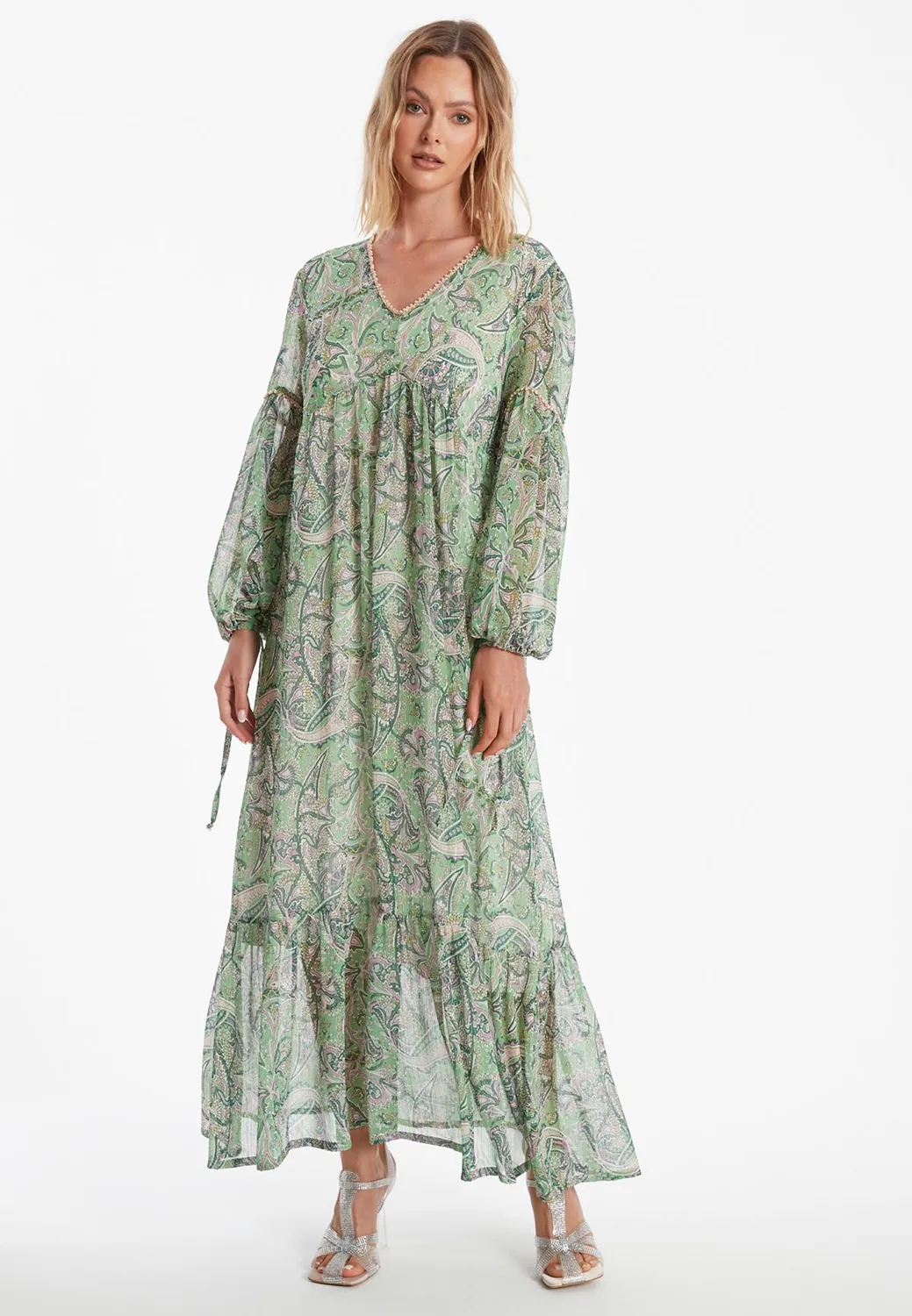 Ana Alcazar Zesani abito maxi chiffon verde paisley
