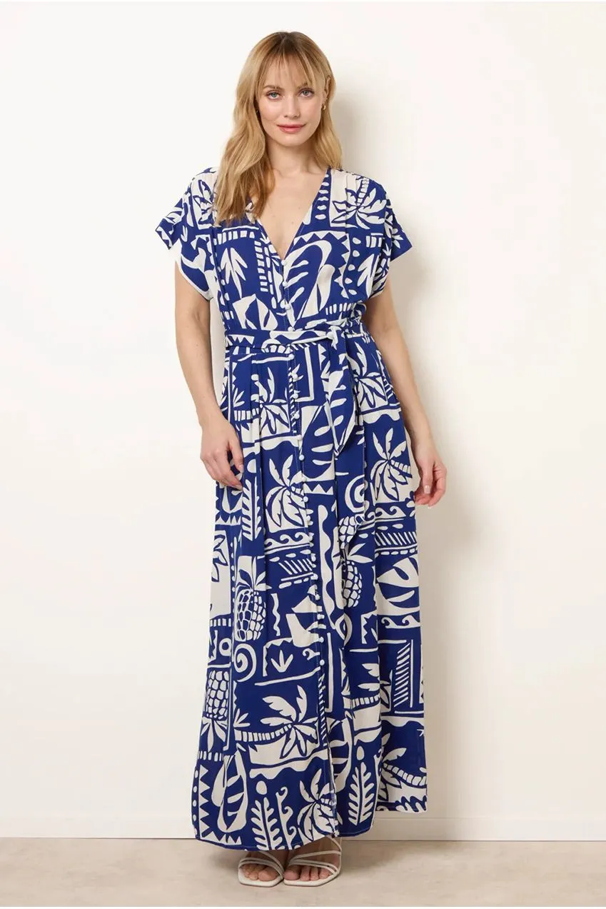 Blue Vanilla abito maxi blu royal stampa tropicale