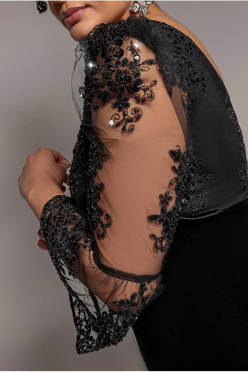 Goddiva Plus Scalloped Lace Velvet abito maxi nero pizzo curvy