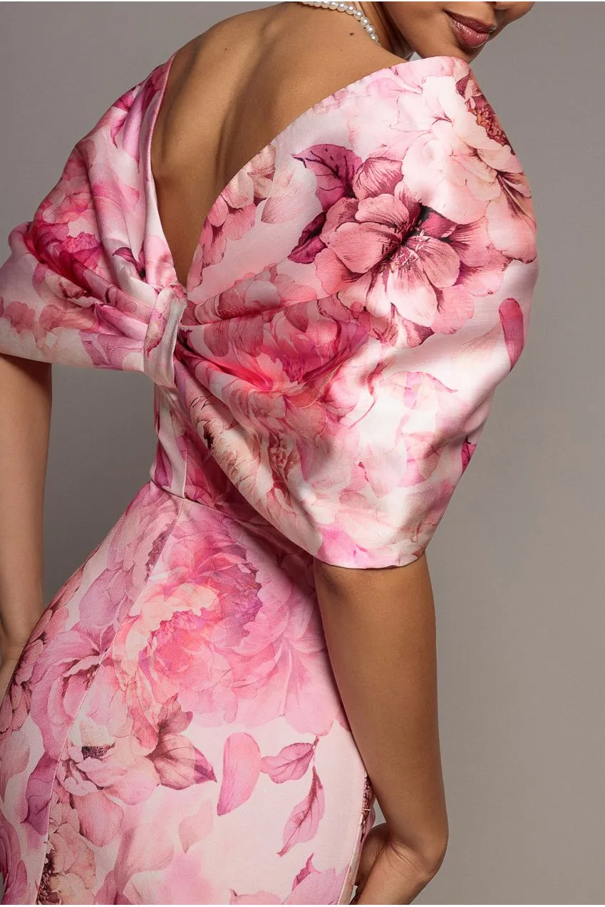Goddiva Satin Bow Back abito lungo rosa cipria floreale