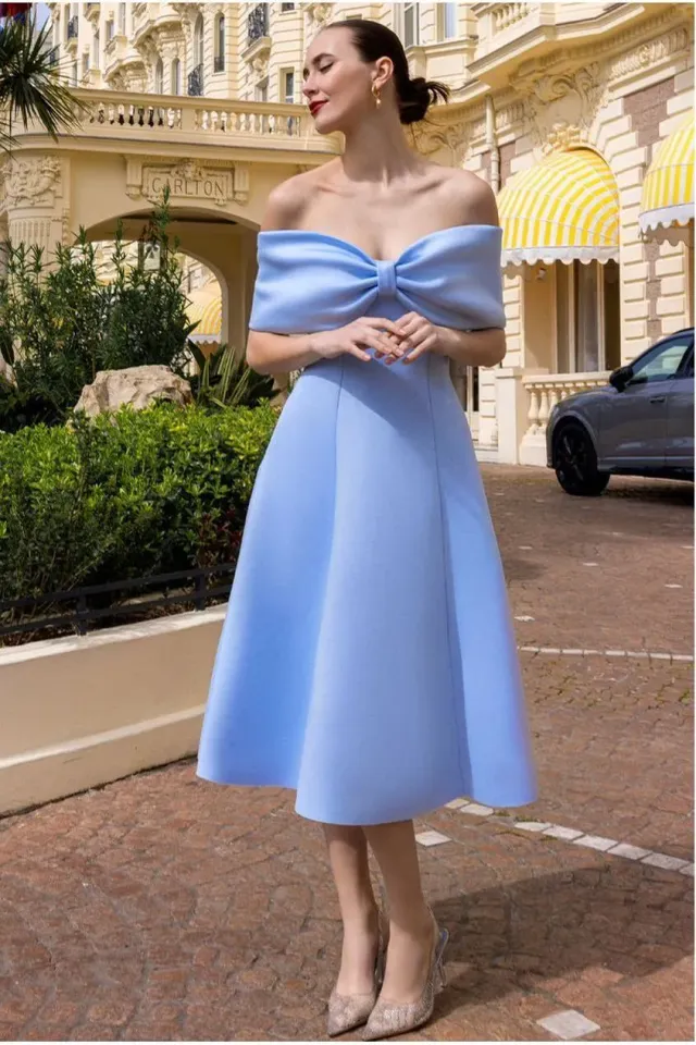 Goddiva Bow Midi Abito Azzurro Scollo Bardot Linea A