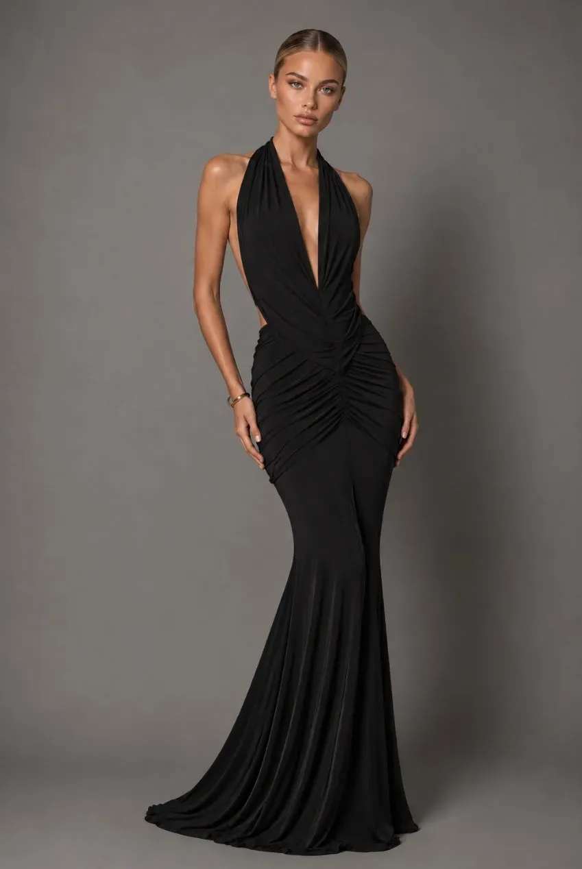 Honor Gold Keira abito maxi nero halterneck